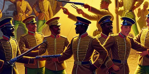 A dramatic military camp scene featuring soldiers in stylish uniforms, highlighting camaraderie and flirtation in an alluring atmosphere.