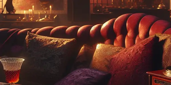 An intimate setting with an open book, vintage headphones, and suggestive illustrations, evoking classic erotic literature.