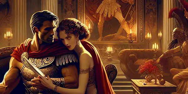 A passionate embrace between a gladiator and a seductive woman in an opulent Roman villa.
