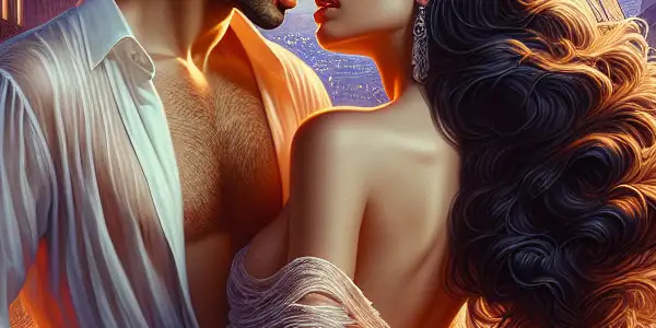 A romantic couple embraces in a glamorous Parisian setting at dusk, with the Eiffel Tower illuminated in the background.