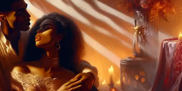 A couple in a dimly lit room, surrounded by romantic elements, expressing longing and ecstasy.