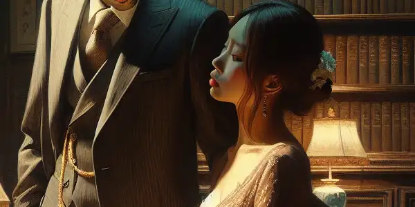 A couple in a vintage, dimly lit room shares an intimate conversation, embodying emotional depth and connection.