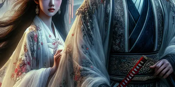 A handsome swordsman and a beautiful woman share an intense gaze in a mystical, romantic Chinese landscape.
