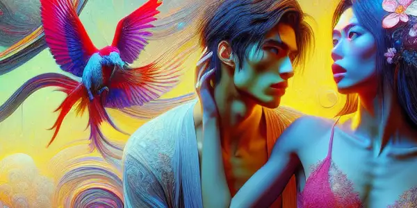 A surreal scene depicting two characters in a complex, forbidden romance amidst a vibrant, dreamlike landscape.