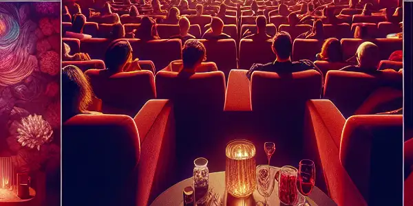 A luxurious, dimly-lit room filled with diverse characters engaged in flirtatious interactions and intimate moments.