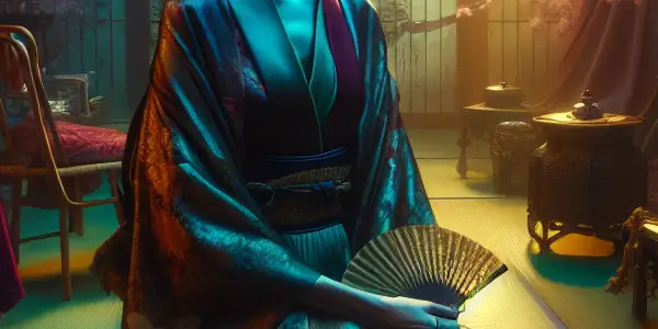 A captivating character in traditional Japanese attire amidst a lush, intimate setting filled with cherry blossoms and soft lighting.