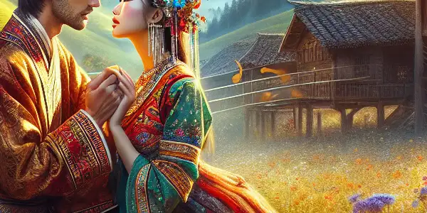 A passionate couple in traditional Yunnan attire shares an intimate moment in a vibrant rural landscape.