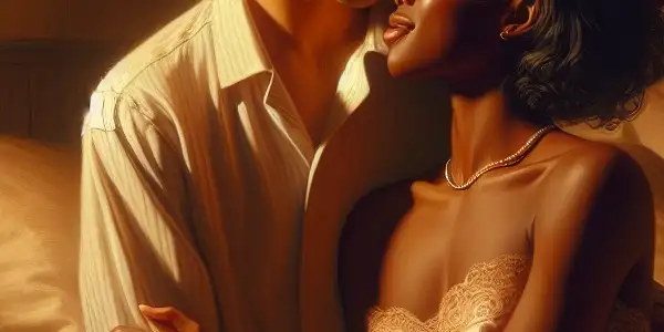 A cozy, intimate bedroom scene with a couple sharing a tender moment amidst soft lighting and romantic decor.