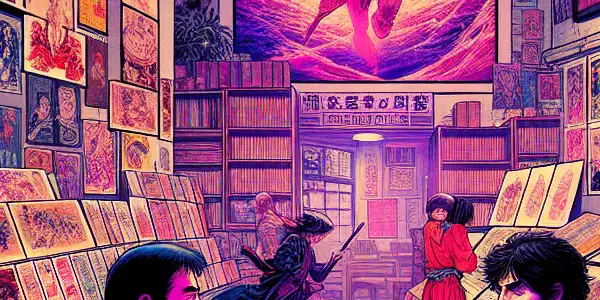A vibrant comic book store filled with 1980s manga art, featuring artists discussing erotic themes and nostalgic visuals.