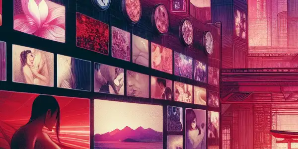 A modern digital interface showcasing diverse adult film thumbnails with Japanese cultural elements and a vibrant, sophisticated atmosphere.