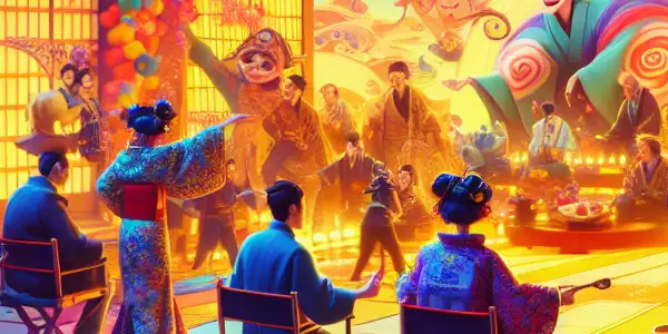 A vibrant, playful scene featuring exaggerated characters in flamboyant costumes, set in a whimsical Japanese film environment.