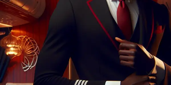 A glamorous flight attendant exudes allure in a luxurious airplane aisle, surrounded by a captivating fantasy atmosphere.