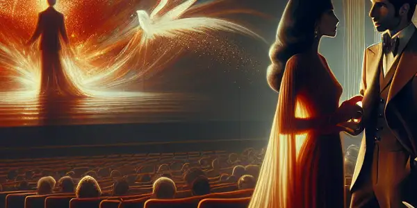 A romantic couple in a vintage cinema hall, immersed in intimacy, with abstract visuals on the screen.