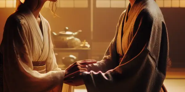 Two young women resembling sisters share an intimate moment in a cozy Japanese living room.