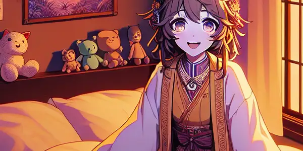 A cozy bedroom scene featuring a cute anime girl engaging with a vibrant visual novel interface.