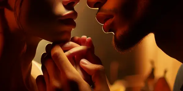 A male and female actor share an intimate moment, expressing longing and vulnerability in a softly lit room.