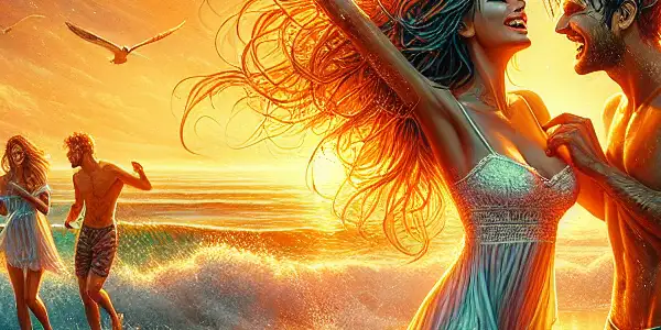 A couple shares an intimate moment on a sunset beach, surrounded by summer elements and joyful ambiance.