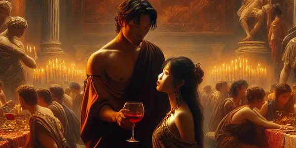 A lavish Roman banquet scene with two elegantly dressed figures engaged in a flirtatious exchange, filled with tension and desire.