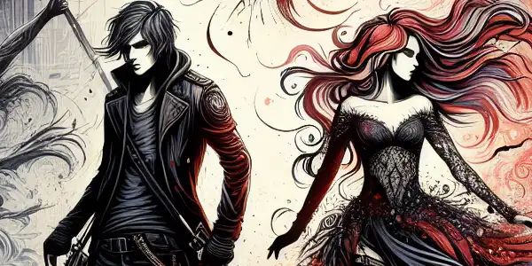 A passionate encounter between a revolutionary figure and a seductive character amidst a chaotic uprising backdrop.