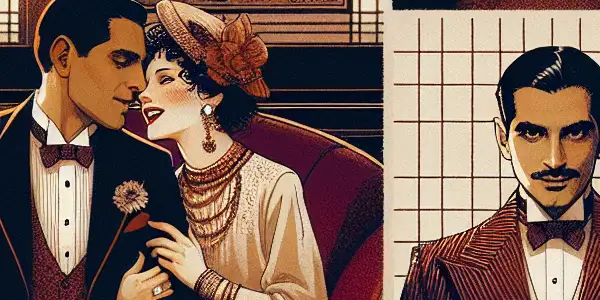 An elegant couple embraces in a luxurious lounge, surrounded by warm lighting and hints of erotic cinema.<a href=