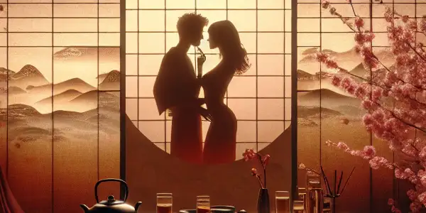 A romantic Japanese room with shoji screens, a low wooden table, and a couple in an affectionate pose.
