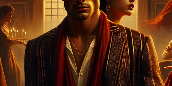 A passionate encounter between two characters in a luxurious, dimly lit Roman villa, blending ancient and modern elements.<a href=