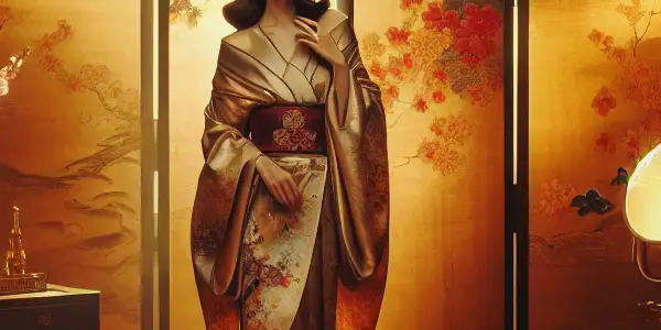 A glamorous film set featuring a fictional actress in a flowing kimono, blending traditional Japanese aesthetics with elegance.