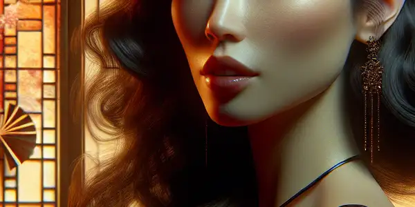 A glamorous female character in a luxurious Asian-inspired setting, exuding elegance and sensuality amidst cherry blossoms and moody lighting.