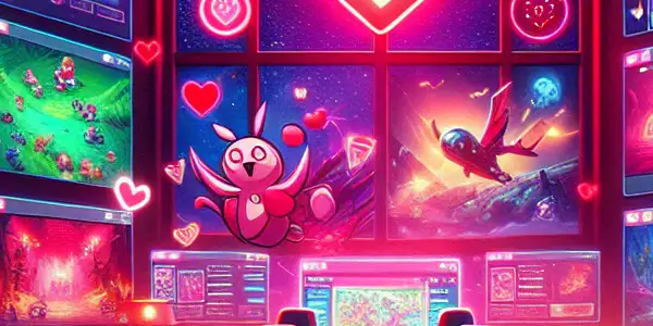 A vibrant digital room filled with glowing screens and playful, flirtatious characters engaging in romantic interactive games.