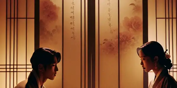 Two characters in a dimly lit Korean room engage in an intense conversation, reflecting longing and inner conflict.